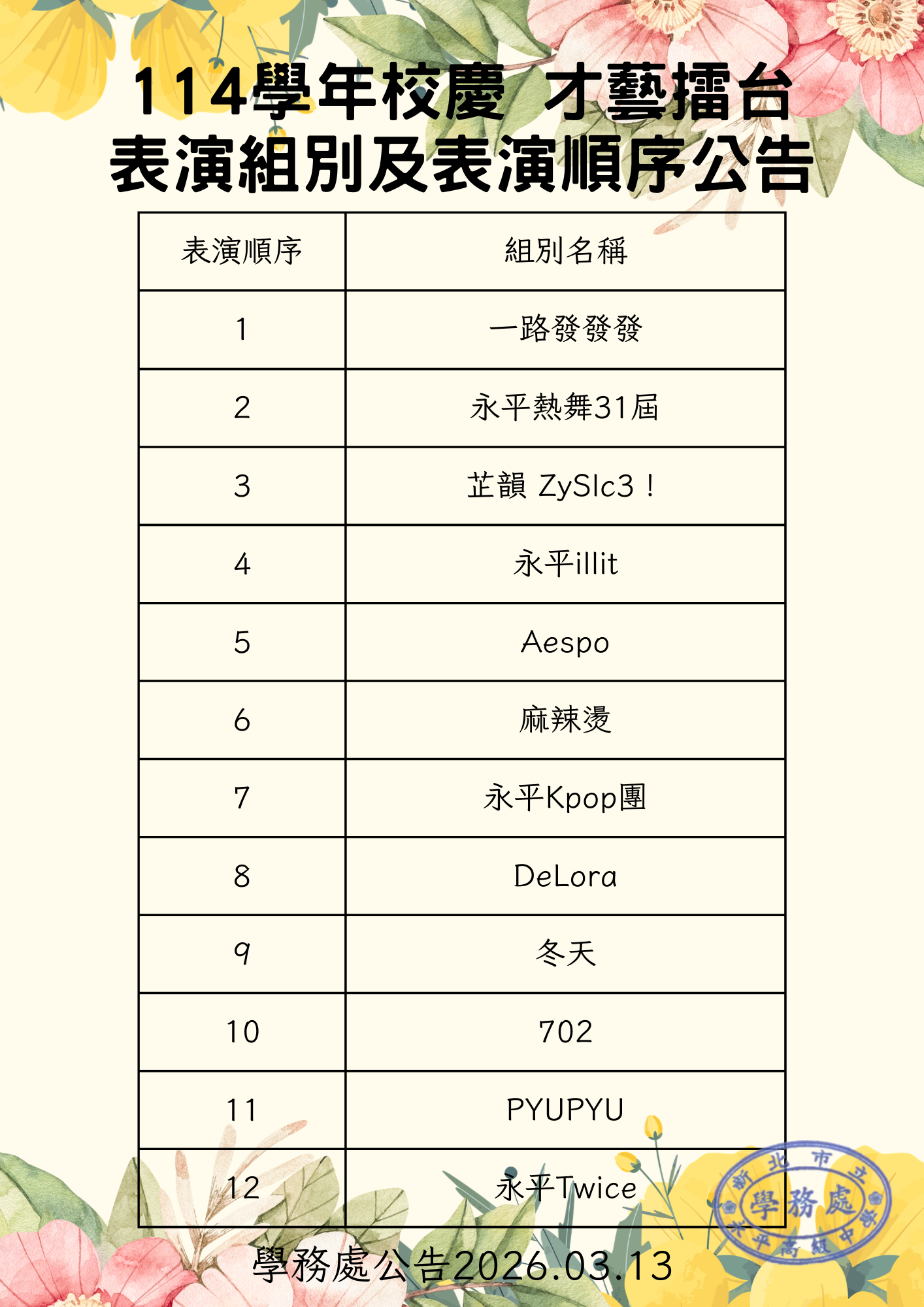 才藝擂台表演組別及表演順序公告