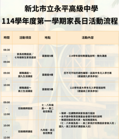 永平高中114-1 家長日流程(內含:「國中.高中家長日手冊」.「親職講座」.「各年級課程說明書」.「國九.高三 - 升學講座簡報」.「九年級適性入學宣導影片」.「115學年度大學多元入學手冊」)圖片